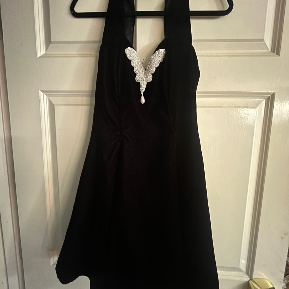 Vintage Elegant 80’s Black Halter Dress with White Beading Detail